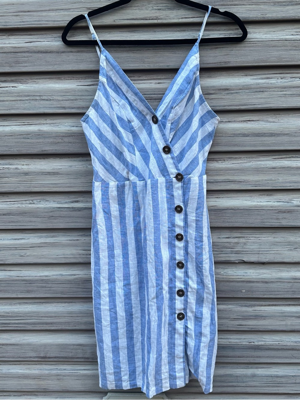 Love Tree Blue White Striped Linen Blend Wooden Button Front Midi Sundress M